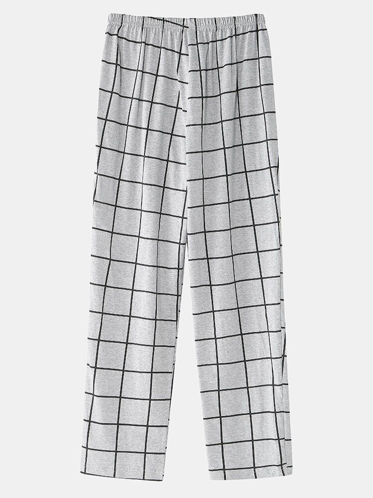 Hommes 100% Coton Col Rond Haut Plaid Pantalon Maison Confortable Pyjama Ensemble