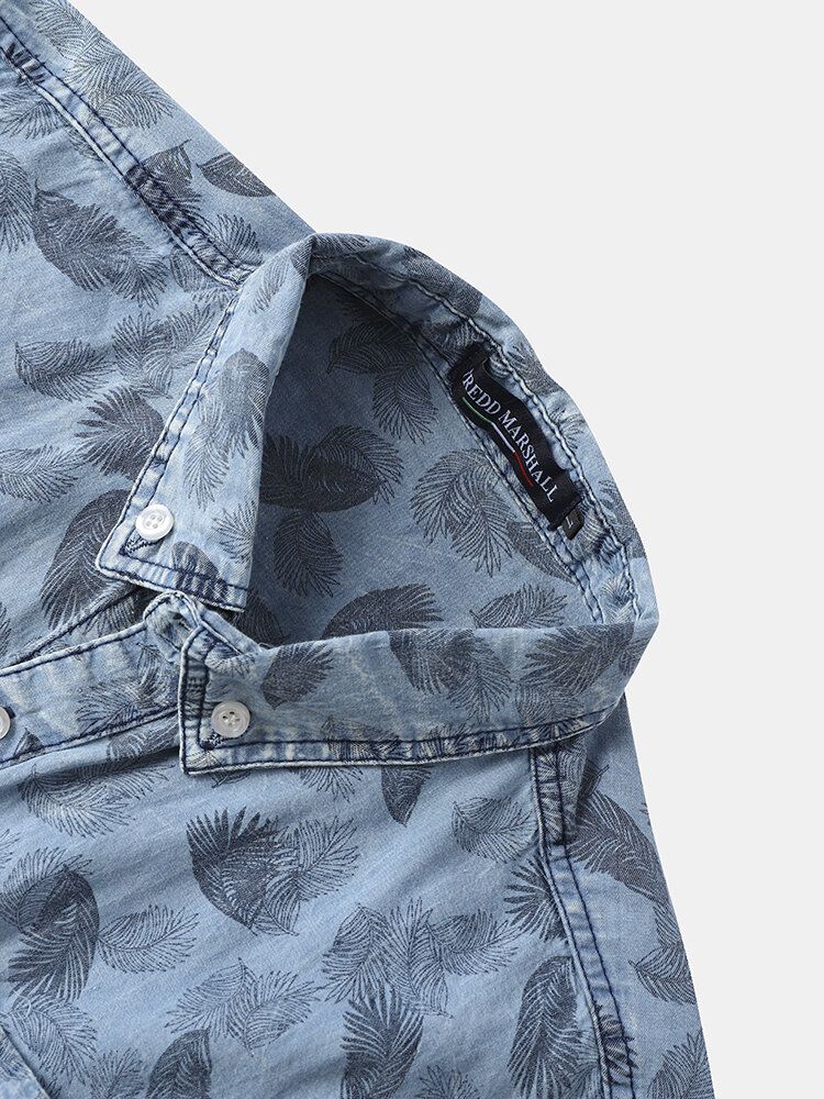 Hommes 100% Coton Denim Graphique Feuille Motif Revers Manches Courtes Loisirs Chemises