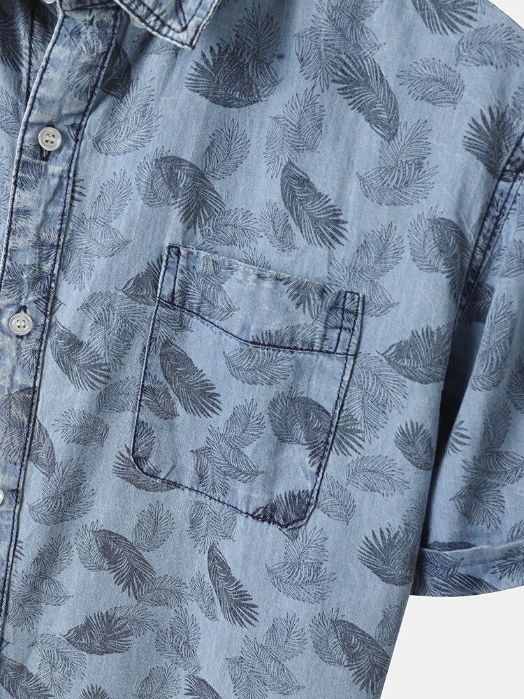 Hommes 100% Coton Denim Graphique Feuille Motif Revers Manches Courtes Loisirs Chemises