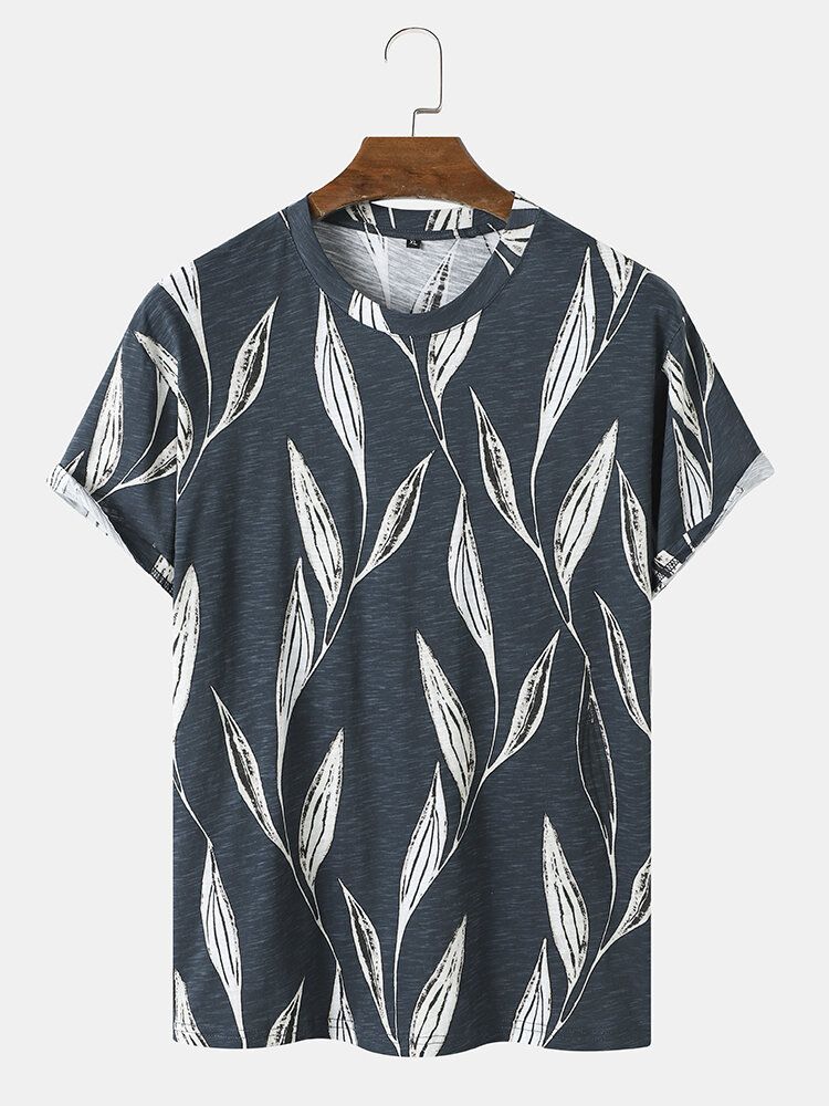 Hommes 100% Coton Graphic Leaf Print Hem Cuff O Neck Formal T-shirts