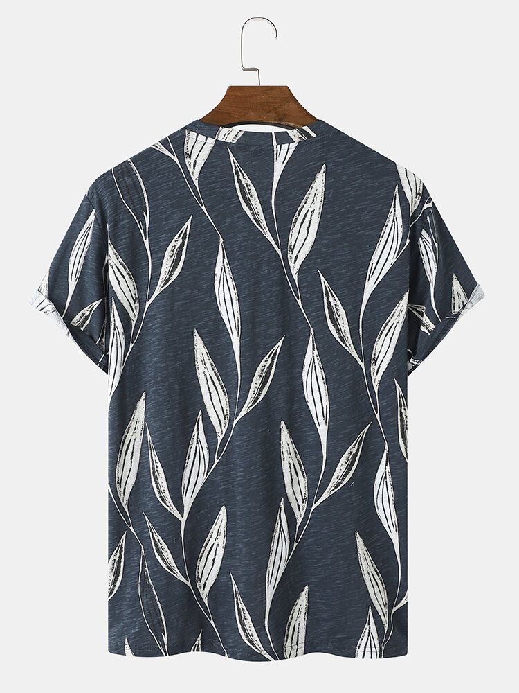 Hommes 100% Coton Graphic Leaf Print Hem Cuff O Neck Formal T-shirts