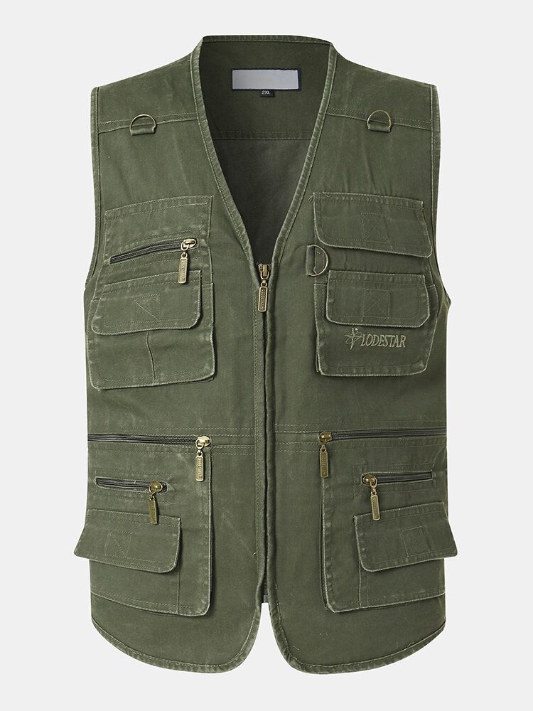 Hommes 100% Coton Pur Solide Loisirs Multi Poches Gilet De Pêche En Plein Air Gilets