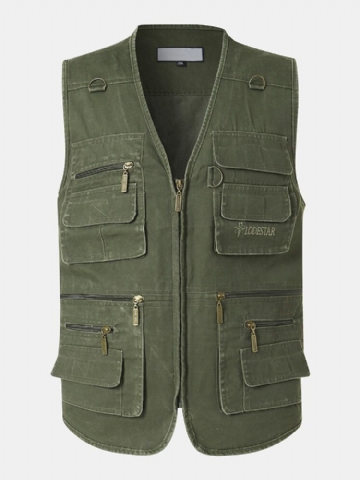 Hommes 100% Coton Pur Solide Loisirs Multi Poches Gilet De Pêche En Plein Air Gilets