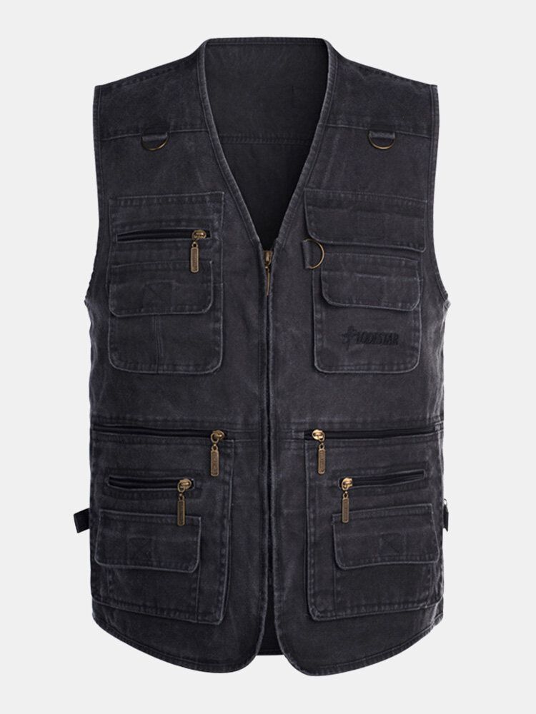 Hommes 100% Coton Pur Solide Loisirs Multi Poches Gilet De Pêche En Plein Air Gilets