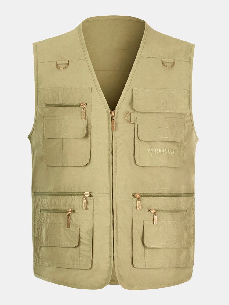 Hommes 100% Coton Pur Solide Loisirs Multi Poches Gilet De Pêche En Plein Air Gilets