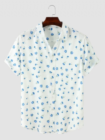 Hommes Allover Ditsy Floral Print Front Button Hem Cuff Casual Shirts