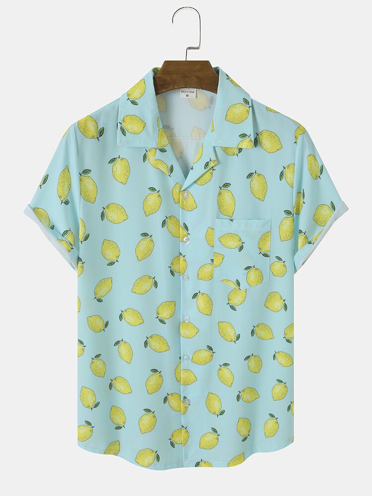 Hommes Allover Lemon Print Single Pocket Revere Collar Doux Respirant Chemises De Loisirs