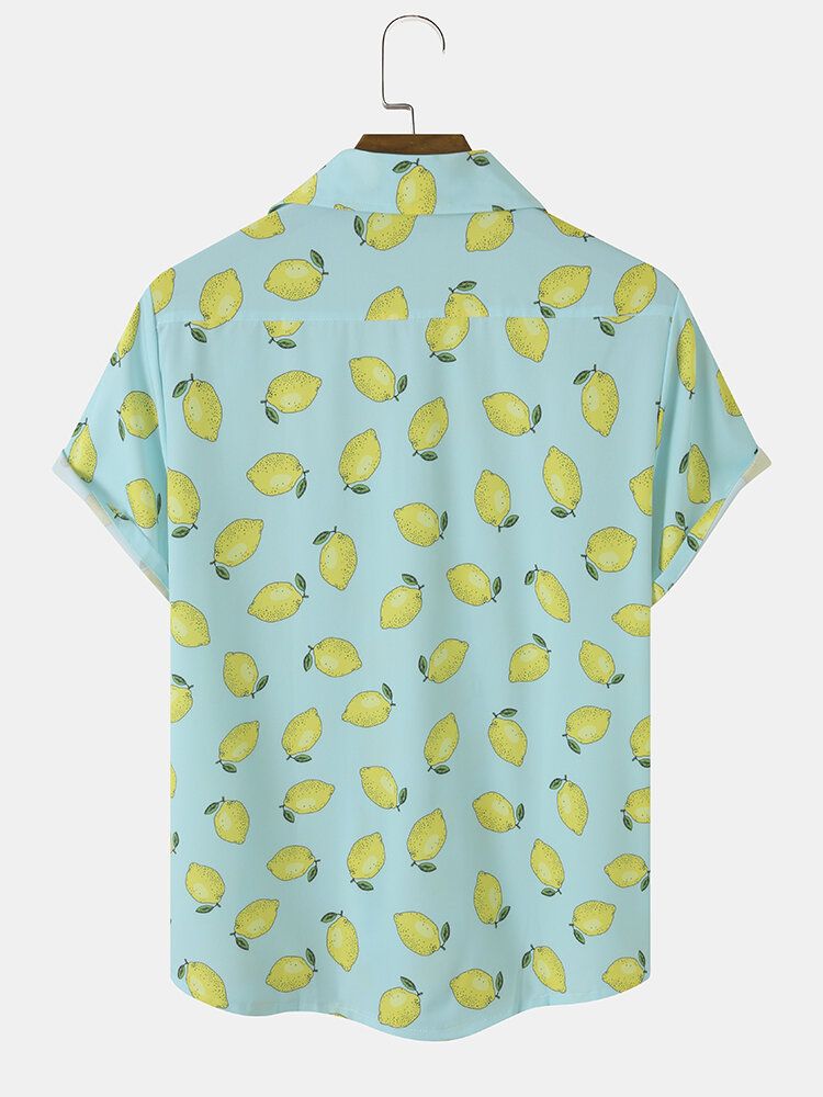 Hommes Allover Lemon Print Single Pocket Revere Collar Doux Respirant Chemises De Loisirs