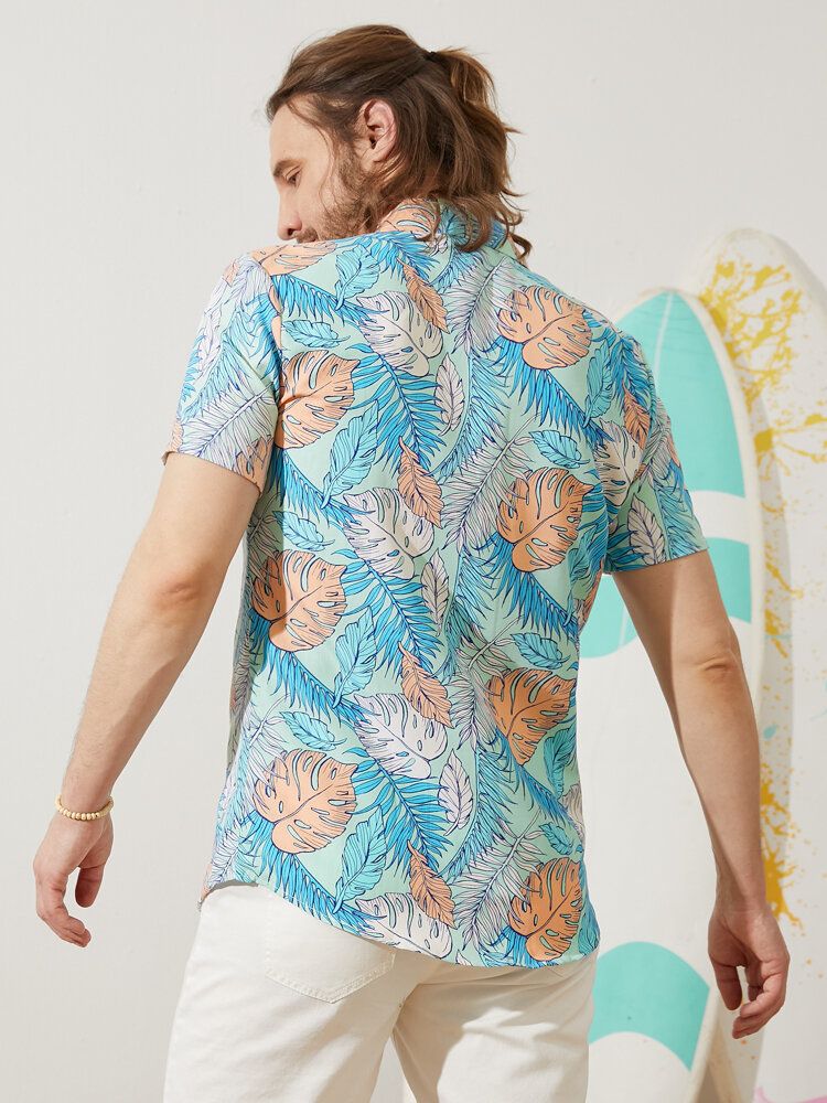 Hommes Allover Tropical Plants Cartoon Beachwear Revers Chemises De Style Hawaïen