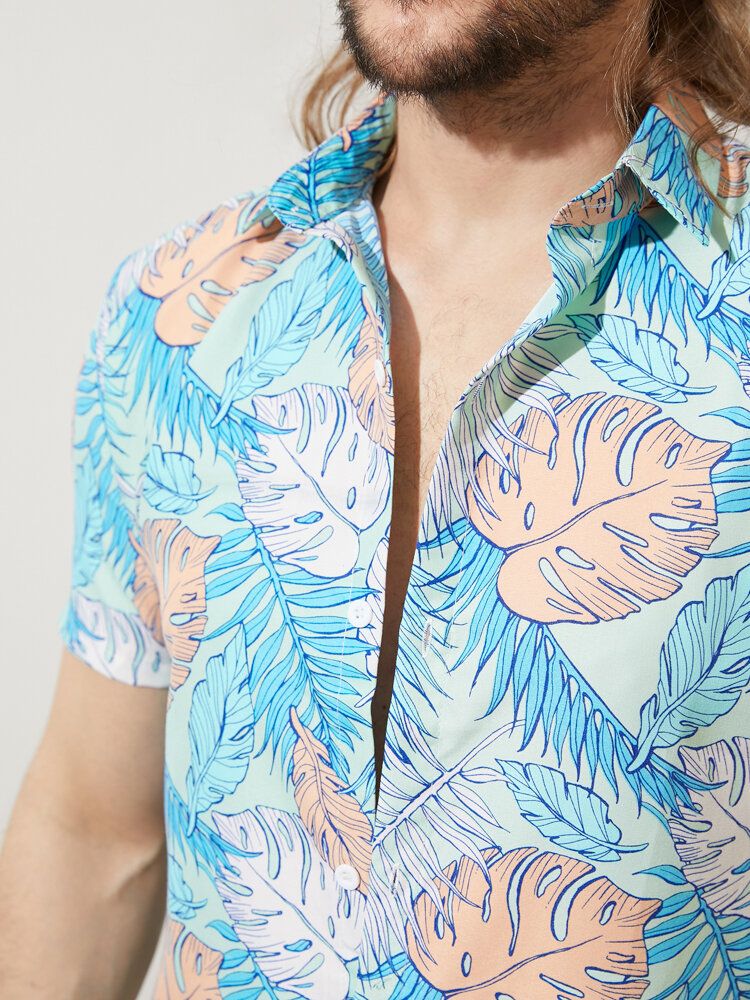 Hommes Allover Tropical Plants Cartoon Beachwear Revers Chemises De Style Hawaïen