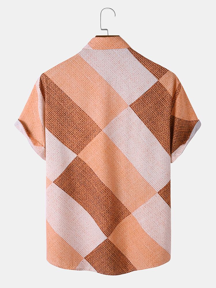 Hommes Argyle Contraste Couleur Revers Bouton Avant Manches Courtes Chemises Décontractées