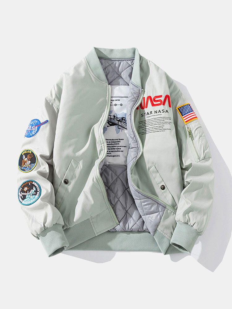 Hommes Astronaute Nasa Lettre Icône Motif Baseball Col Poches Zippées Vestes Décontractées