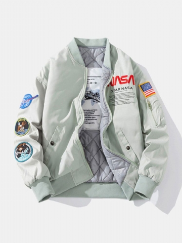 Hommes Astronaute Nasa Lettre Icône Motif Baseball Col Poches Zippées Vestes Décontractées