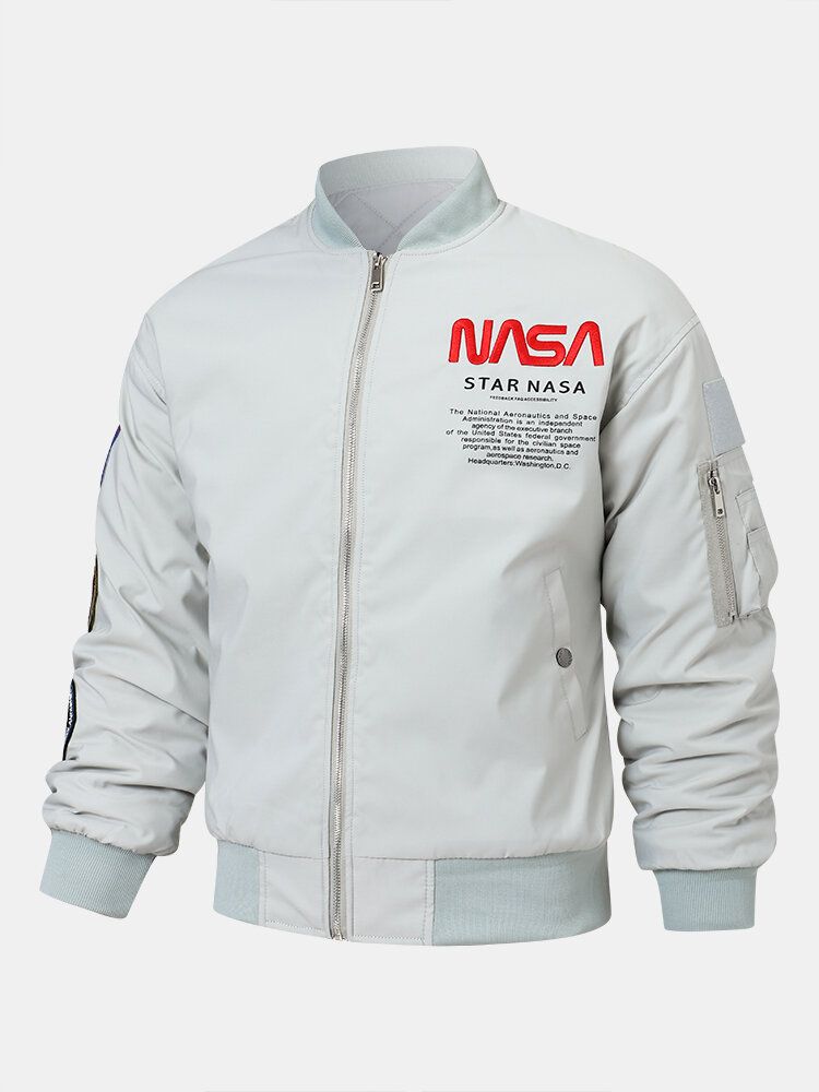 Hommes Astronaute Nasa Lettre Icône Motif Baseball Col Poches Zippées Vestes Décontractées