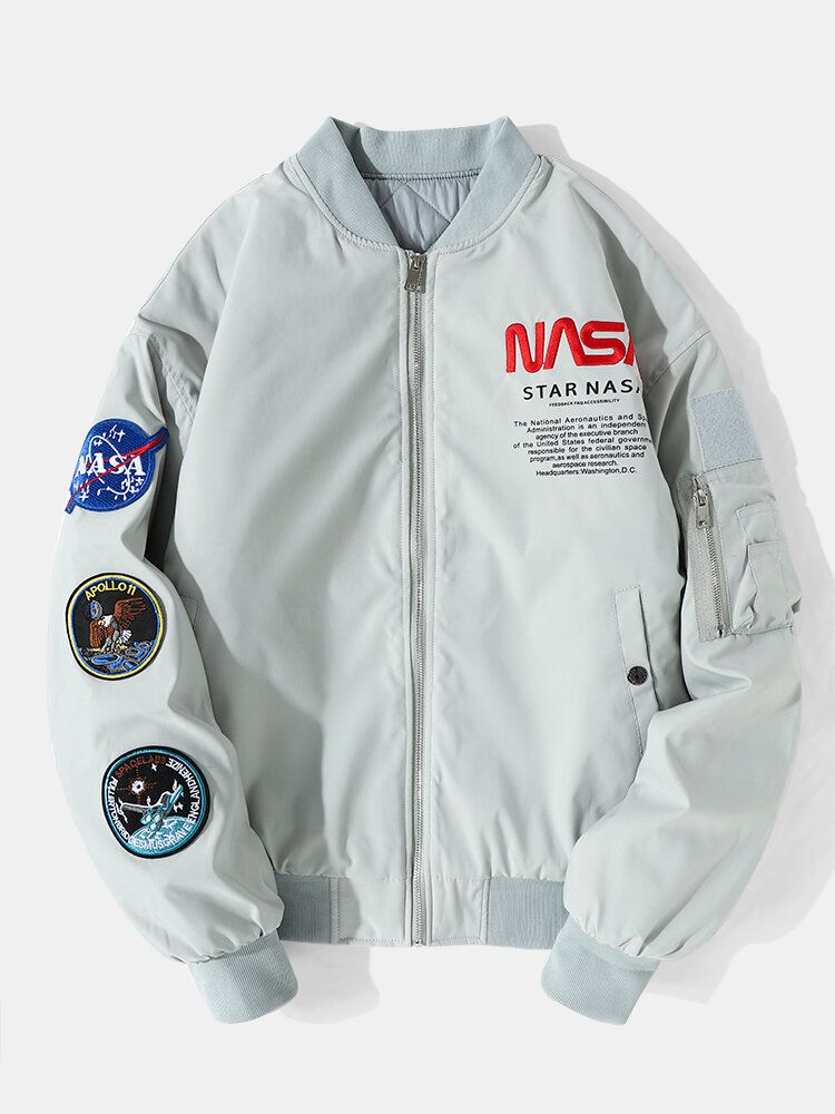 Hommes Astronaute Nasa Lettre Icône Motif Baseball Col Poches Zippées Vestes Décontractées