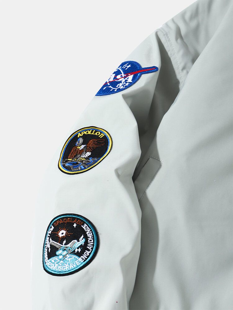 Hommes Astronaute Nasa Lettre Icône Motif Baseball Col Poches Zippées Vestes Décontractées