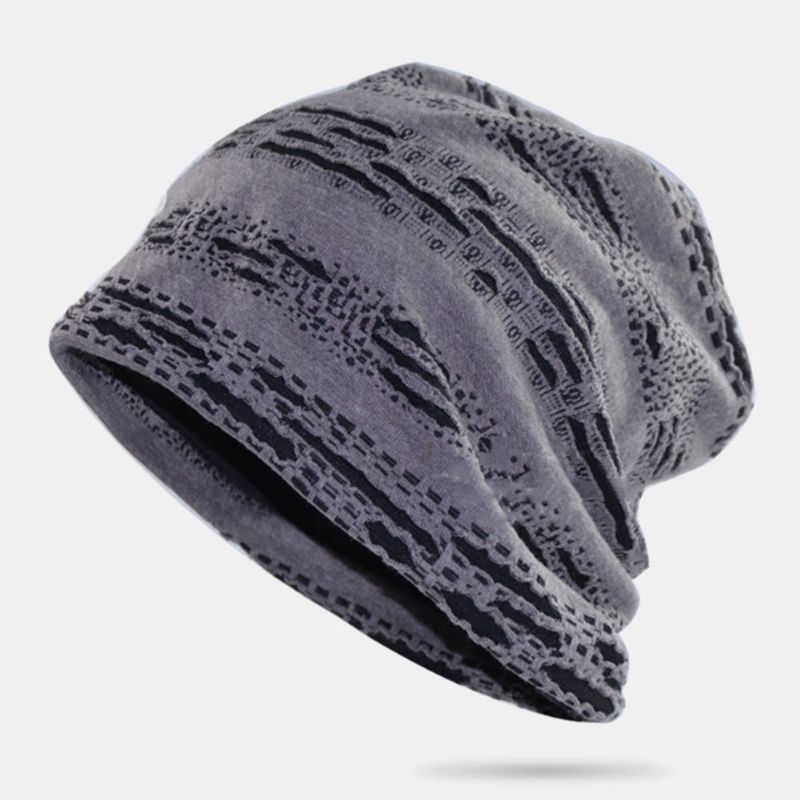 Hommes Beanie Chapeau Coton Géométrique Rayé Horizontal Cassé Trou Double Couche Respirant Parasol Chapeau Pour Les Femmes