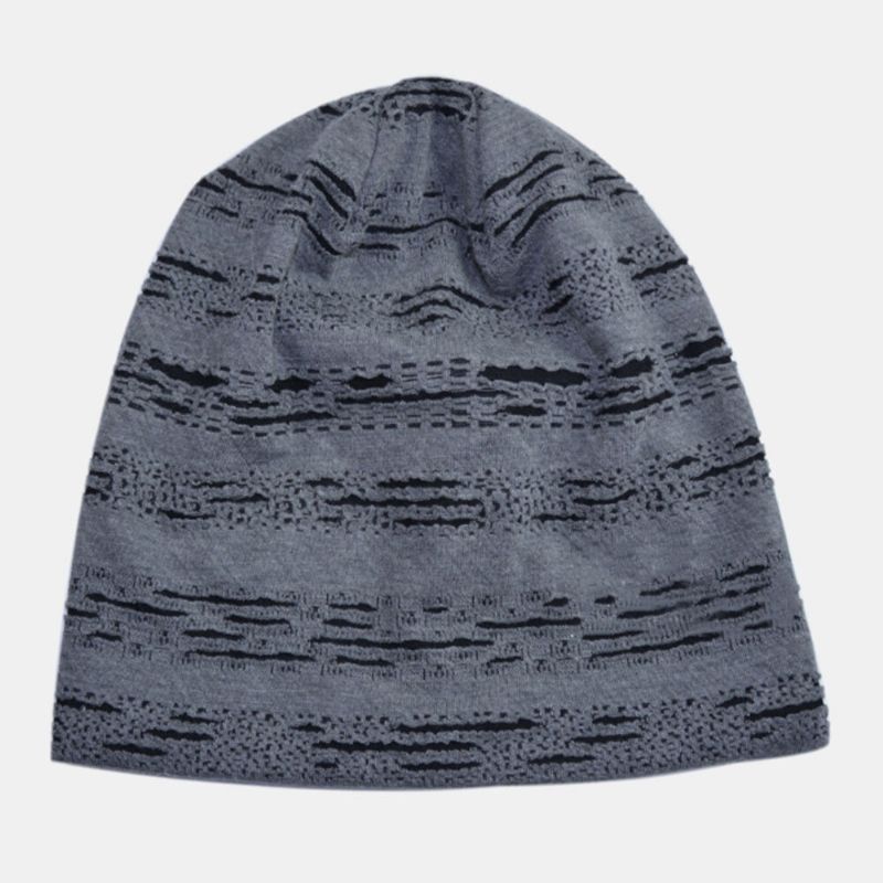 Hommes Beanie Chapeau Coton Géométrique Rayé Horizontal Cassé Trou Double Couche Respirant Parasol Chapeau Pour Les Femmes