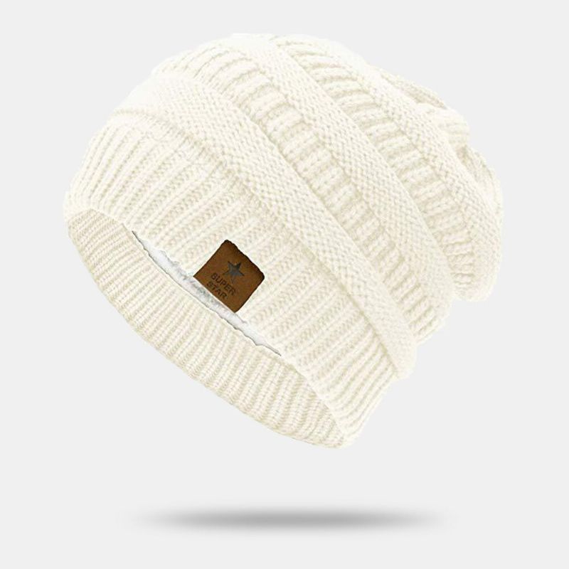 Hommes Beanie Chapeaux Tricoté Plus Velours Rayé Étoile À Cinq Branches Lettre Étiquette Chaleur Crâne Cap