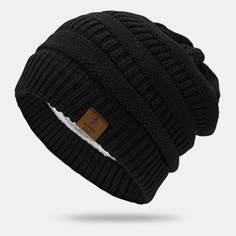 Hommes Beanie Chapeaux Tricoté Plus Velours Rayé Étoile À Cinq Branches Lettre Étiquette Chaleur Crâne Cap