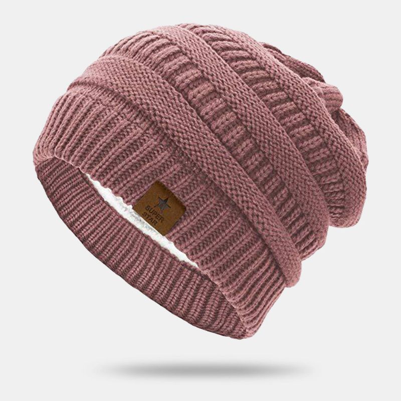 Hommes Beanie Chapeaux Tricoté Plus Velours Rayé Étoile À Cinq Branches Lettre Étiquette Chaleur Crâne Cap