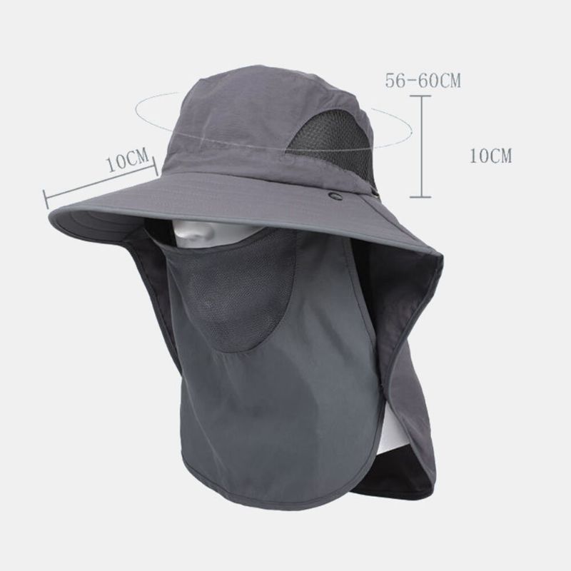 Hommes Big Brim Amovible Face Rideau 360 Degrés Parasol Seau Chapeau Réglable Coupe-vent Corde En Plein Air Pêche Chasse Chapeau