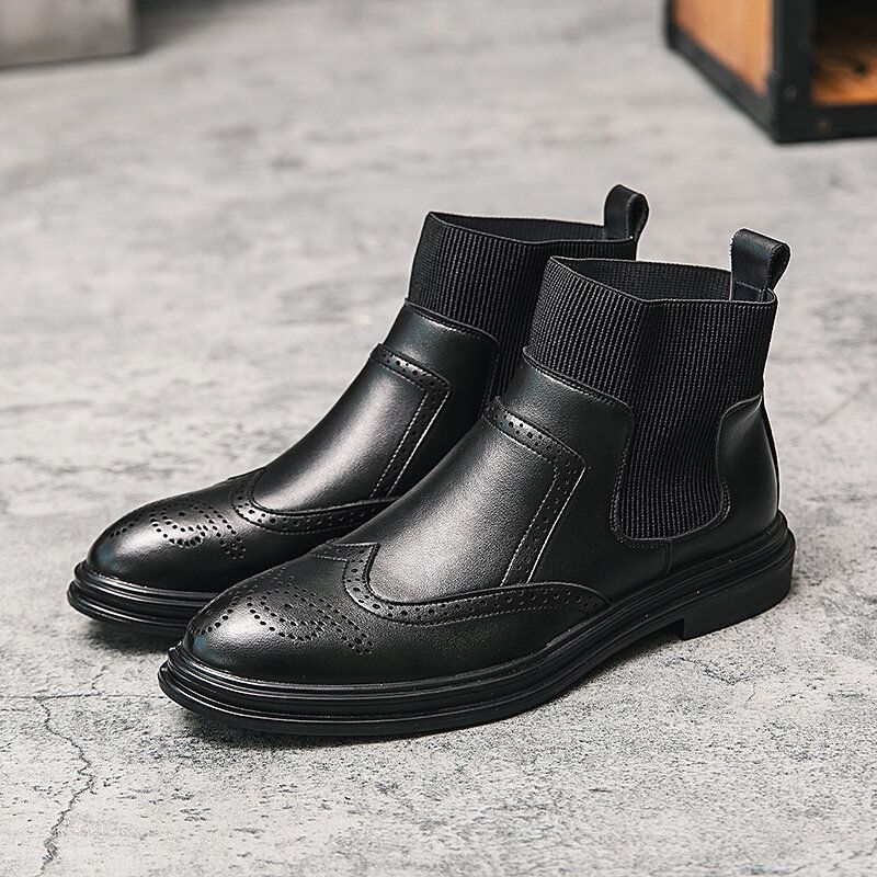 Hommes Brogue Comfy Elastic Slip On Chelsea Boots