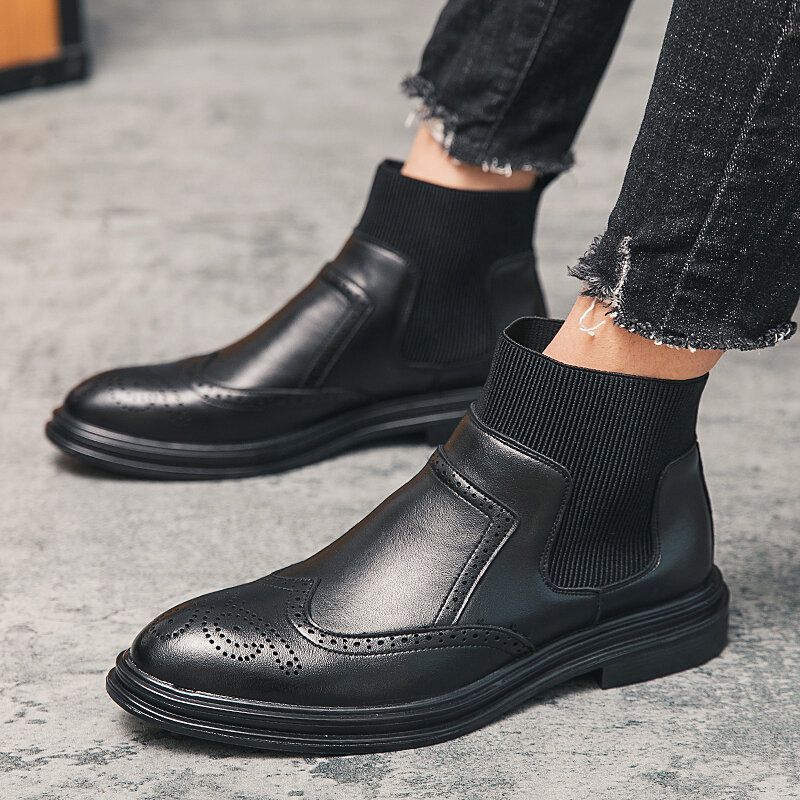 Hommes Brogue Comfy Elastic Slip On Chelsea Boots