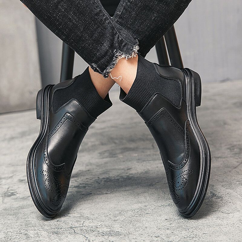 Hommes Brogue Comfy Elastic Slip On Chelsea Boots