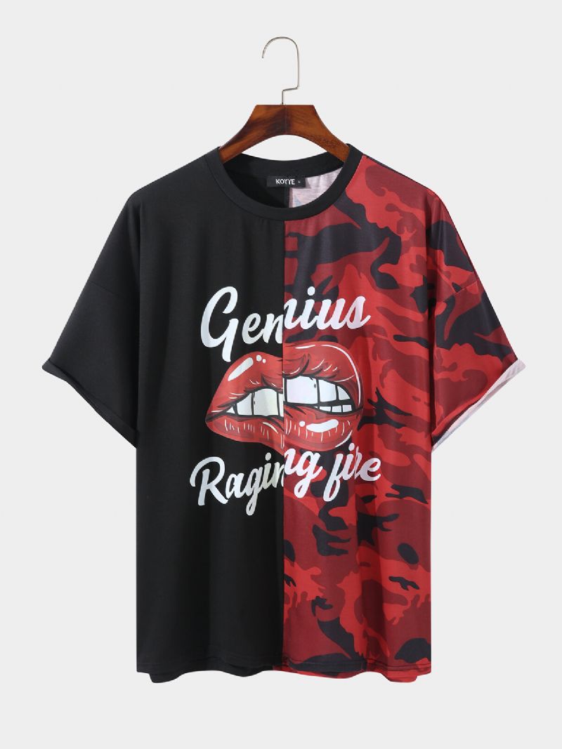 Hommes Camo Color Block Patchwork Lip Lettre Imprimer Loisirs T-shirt À Manches Courtes