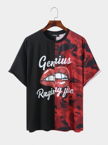 Hommes Camo Color Block Patchwork Lip Lettre Imprimer Loisirs T-shirt À Manches Courtes