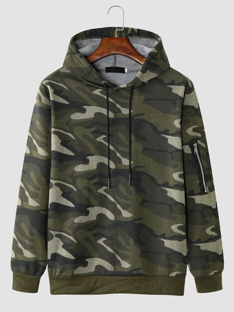 Hommes Camo Print Zipper Drawstring Bodycorn Hem Casual Sweat À Capuche