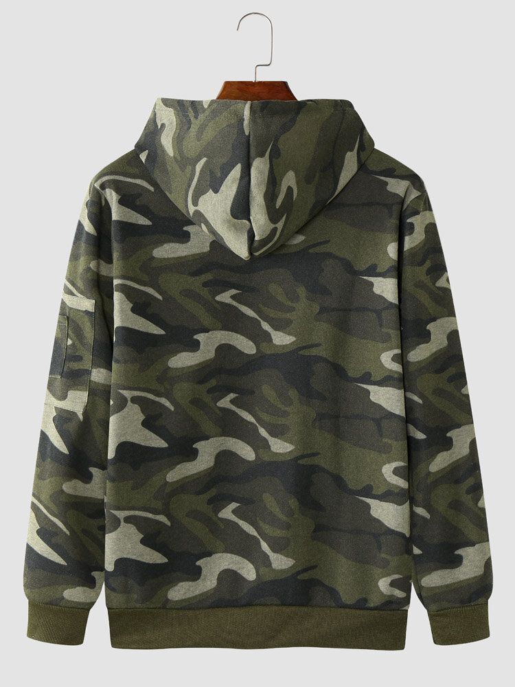 Hommes Camo Print Zipper Drawstring Bodycorn Hem Casual Sweat À Capuche