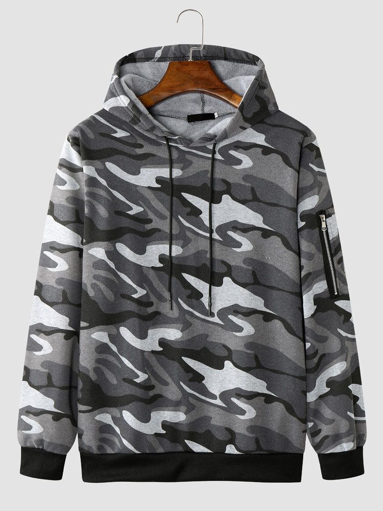 Hommes Camo Print Zipper Drawstring Bodycorn Hem Casual Sweat À Capuche