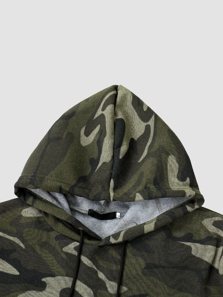 Hommes Camo Print Zipper Drawstring Bodycorn Hem Casual Sweat À Capuche