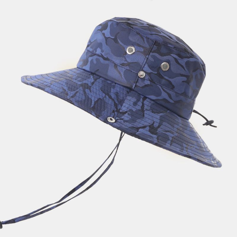 Hommes Camouflage Grand Bord Coupe-vent Corde Pêche En Plein Air Escalade Anti-uv Parasol Seau Chapeau