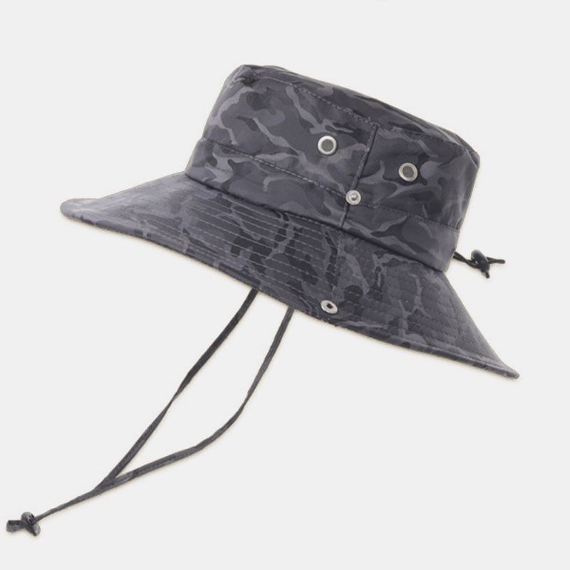 Hommes Camouflage Grand Bord Coupe-vent Corde Pêche En Plein Air Escalade Anti-uv Parasol Seau Chapeau