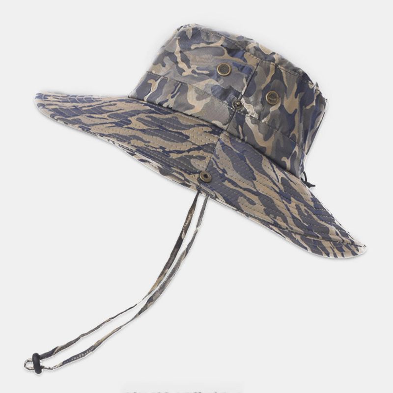 Hommes Camouflage Grand Bord Coupe-vent Corde Pêche En Plein Air Escalade Anti-uv Parasol Seau Chapeau