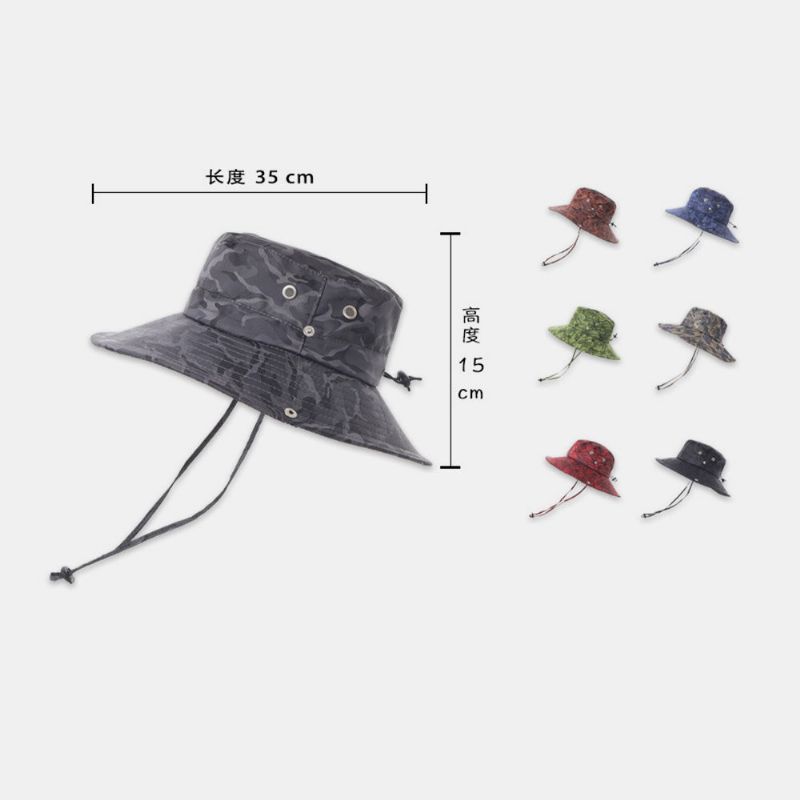 Hommes Camouflage Grand Bord Coupe-vent Corde Pêche En Plein Air Escalade Anti-uv Parasol Seau Chapeau