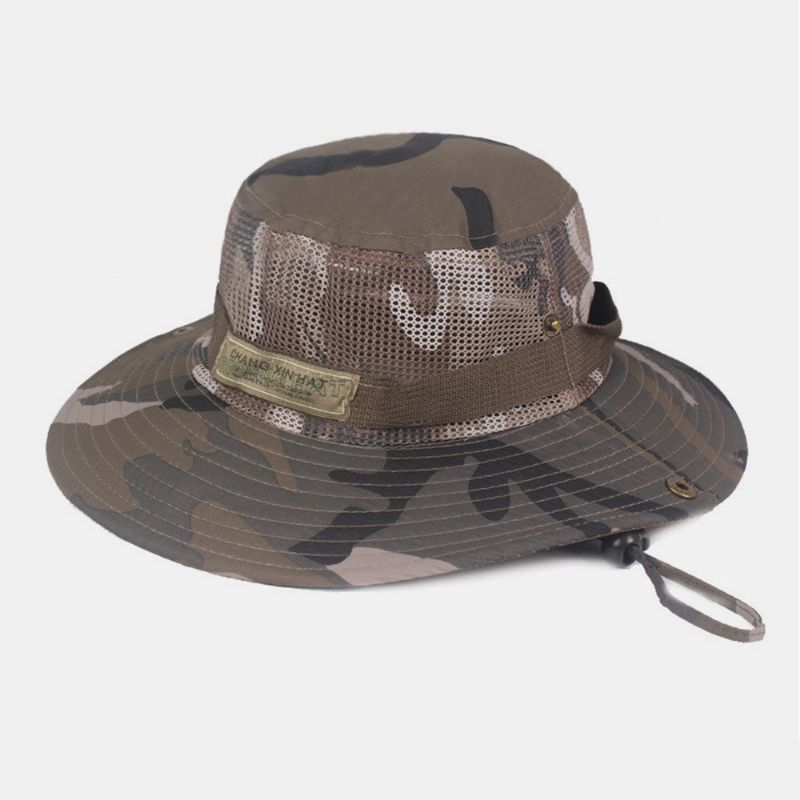 Hommes Camouflage Maille Respirant Grand Bord Extérieur Alpinisme Parasol Seau Chapeau