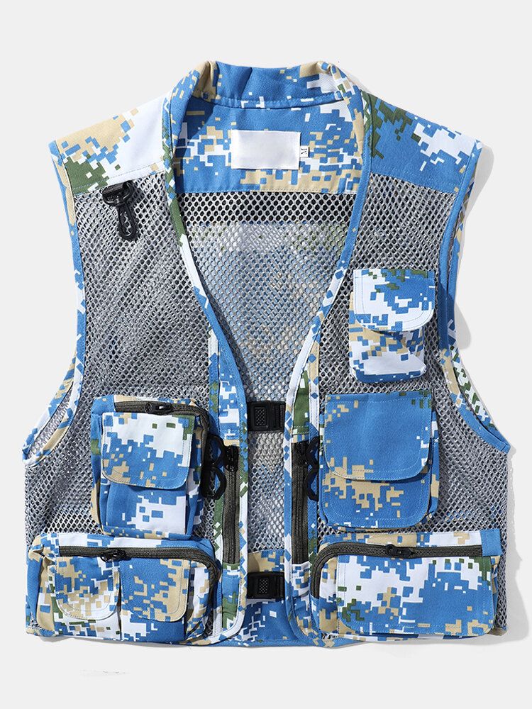 Hommes Camouflage Print Mesh Patchwork Utility Zip Pocket Cargo Vestes