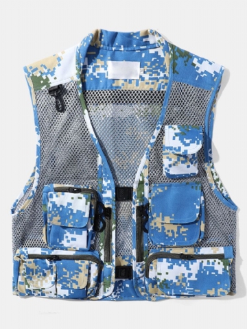 Hommes Camouflage Print Mesh Patchwork Utility Zip Pocket Cargo Vestes