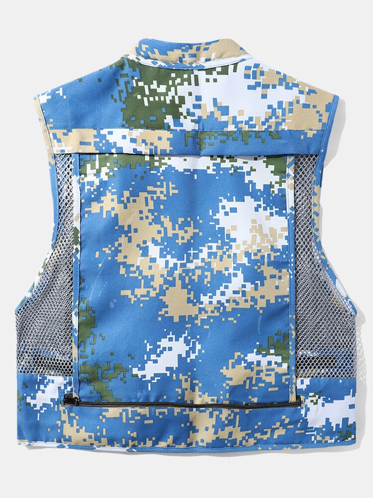 Hommes Camouflage Print Mesh Patchwork Utility Zip Pocket Cargo Vestes