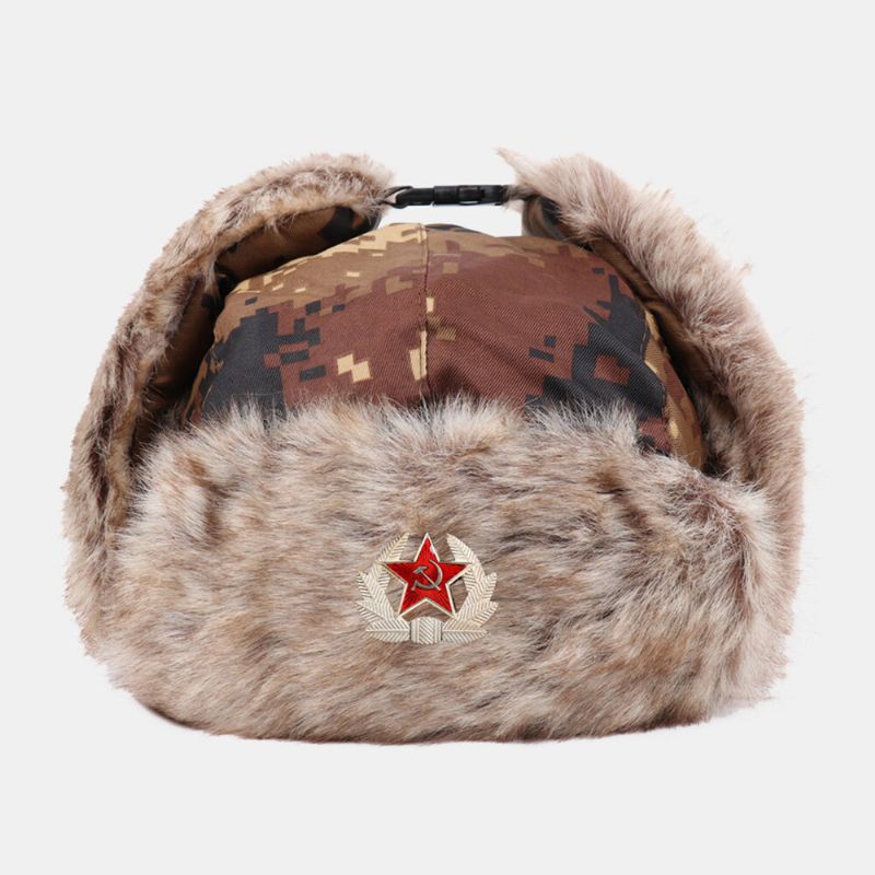 Hommes Camouflage Soviétique Badge Trappeur Chapeau Hiver Épaissir Chaud Cool Protection Oreille Protection Chapeau Russe