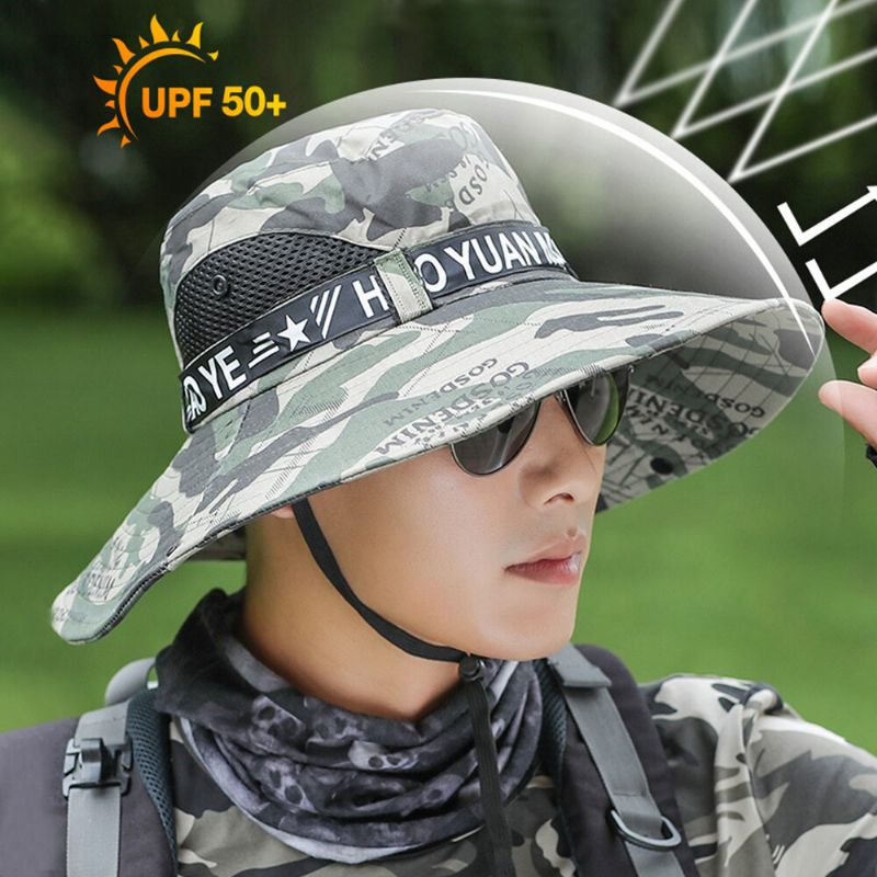 Hommes Camouflages Maille Respirant Pliable Parasol Chapeau Pêche En Plein Air Anti-uv Étanche Grand Bord Seau Chapeau