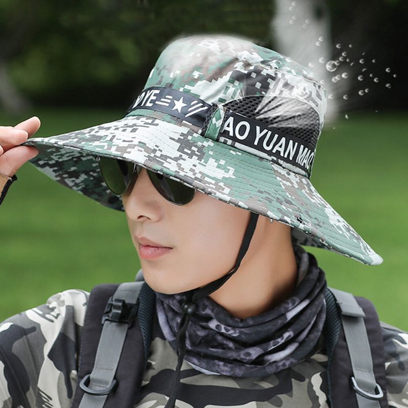 Hommes Camouflages Maille Respirant Pliable Parasol Chapeau Pêche En Plein Air Anti-uv Étanche Grand Bord Seau Chapeau