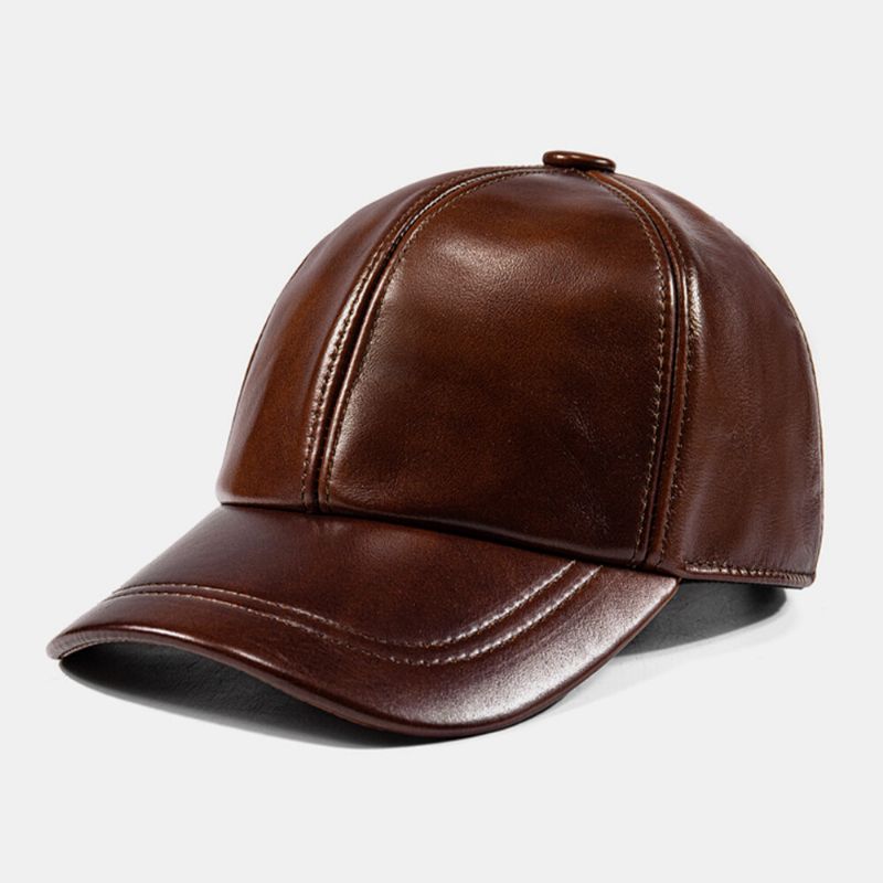 Hommes Casquette De Baseball En Cuir De Vachette Plaine Automne Hiver Chaud Protection Contre Le Froid Chapeau De Conduite