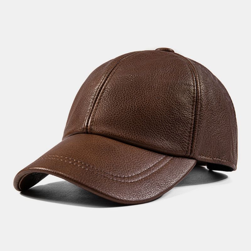 Hommes Casquette De Baseball En Cuir De Vachette Plaine Automne Hiver Chaud Protection Contre Le Froid Chapeau De Conduite