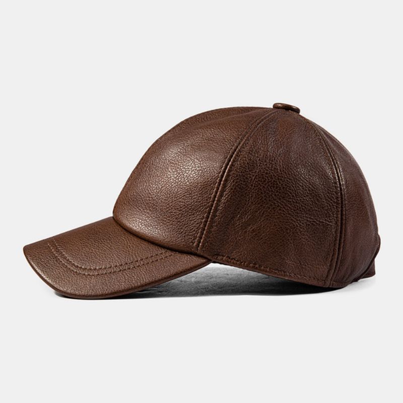 Hommes Casquette De Baseball En Cuir De Vachette Plaine Automne Hiver Chaud Protection Contre Le Froid Chapeau De Conduite