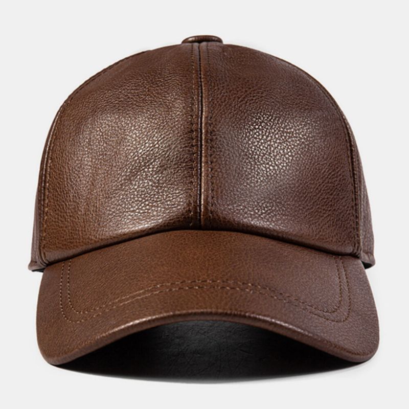 Hommes Casquette De Baseball En Cuir De Vachette Plaine Automne Hiver Chaud Protection Contre Le Froid Chapeau De Conduite